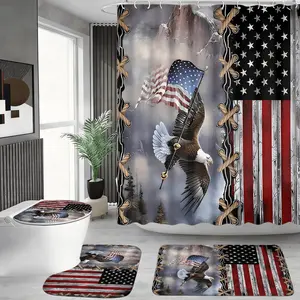 4pcs American Flag Eagle Shower Curtain Set, Patriotic Bathroom Decor, Soft Mat, Toilet Lid Cover, U-Shaped Mat, Western Style, Independence Day