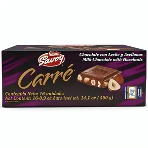 Savoy Carré Mini Avellana Box - 16 Units | Venezuelan Milk Chocolate Squares with Hazelnut Bits