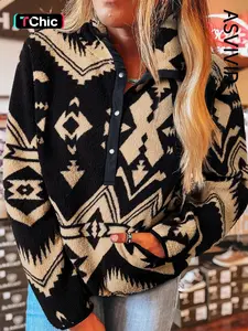 Women's Casual Aztec Half-Zip Plush Sweatshirt with Pockets, Western Style Long Sleeve Pullover for Fall & Winter
