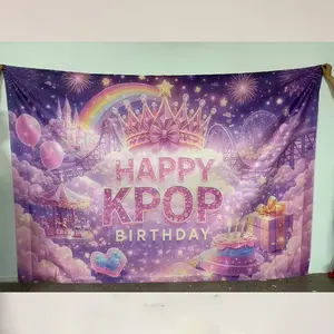2D 1pc Kpop Birthday Party Banner, Pastel Fantasy Backdrop, Happy Kpop Birthday Text, Magical Carnival & Castle Decor, Photo Booth Supplies, Party Decorations Banners