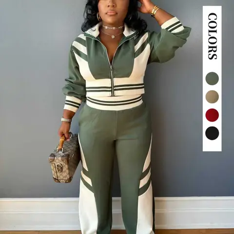 Women's Colorblock Print Zip Up Crop Jacket & Pants Two-piece Set, Casual Fashion Cozy Breathable Two Piece Outfits for Daily Outdoor Wear, Women Clothes for Fall & Winter