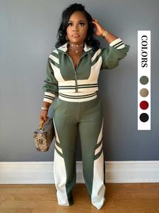 women's colorblock print zipped jacket & pants sets, lady casual fashion fitted cozy breathable two piece outfits for daily outdoor wear, women clothes for fall & winter, long sleeve womenswear, longsleeves sweatsuits women