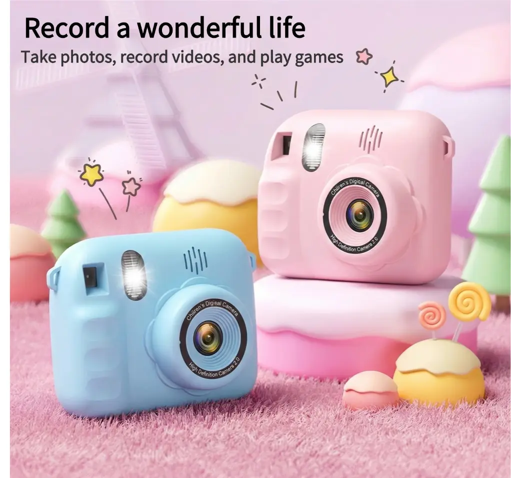 A new and popular camera for 2026, enabling children to record joyful moments with fun, instant shooting, 2/5/10-second delay shooting, music playback, USB charging, 600mAh battery, scratch-resistant, and 5 stylish games.