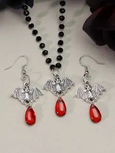 Gothic Bat Blood Drop Jewelry Set, Vintage Black Bead Chain Necklace Earrings, Punk Dark Aesthetic Halloween Jewelry