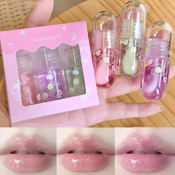 Halloween Fall Gift 3 Pcs Hydrating Lip Oil Set, Cute Fruit Flavored Lip Oil, Long Lasting Lip Glow Balm Lip Care, Transparent Moisturizing Lip Gloss for Kids and Teens, Kids Friendly