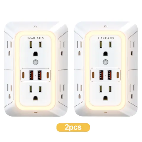 2-Pack Rectangular Surge Protector Power Strip with Night Light - 6AC Outlet Extender Sockets, 4 Charging Ports (2A 2C USB), 3-Sided Plug Extender Sockets Design for Indoor Use (White)