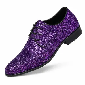 YANXIANSHOES Men's Elegant Closed Formal Dress Shoes - Pointed Toe, Lace-Up, Lightweight Glitter Wedding Shoes Purple