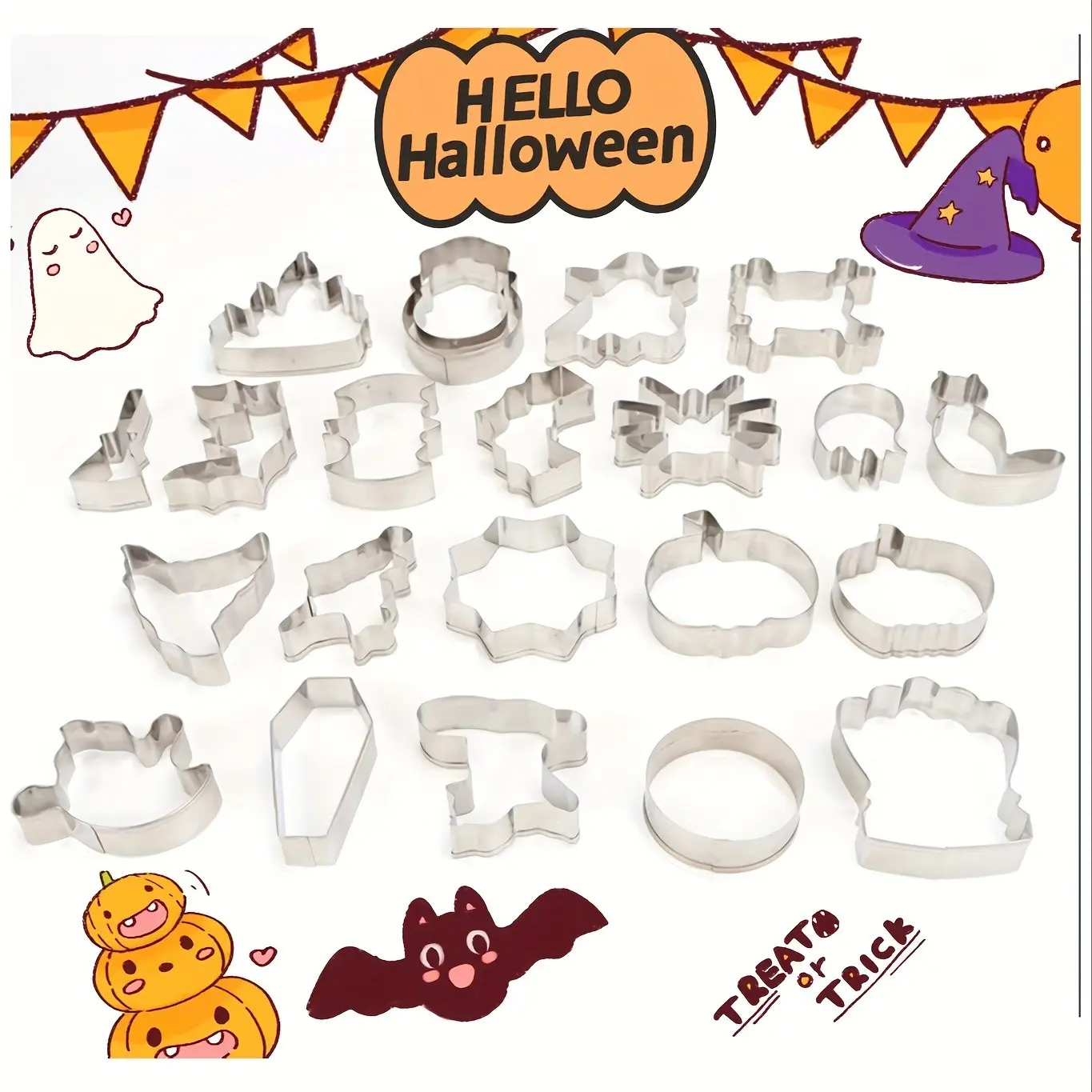 22-Piece Halloween Cookie Cutter Set, Stainless Steel Candy Molds, Cartoon Pumpkin Witch Cat Spider Ghost Skull Bat Broom Hat Castle Mold, Bakery Tools