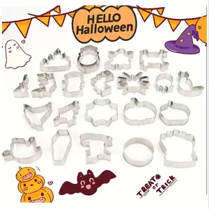 22-Piece Halloween Cookie Cutter Set, Stainless Steel Candy Molds, Cartoon Pumpkin Witch Cat Spider Ghost Skull Bat Broom Hat Castle Mold, Bakery Tools
