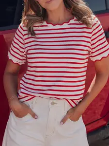 Women's Red and White Striped Scalloped Neck and Sleeve Short Man's Sleeve Tee