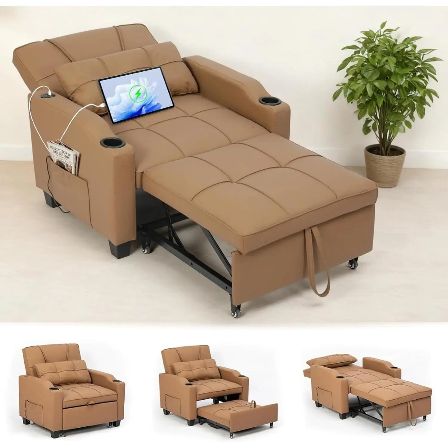 Garvee Leather-Like 4-in-1 Convertible Sleeper Sofa Bed - Single Recliner Chair with Pull-Out Bed, Vibration Massage Lumbar Pillow, USB/Type-C Port, Cup Holders, Side Pocket for Small Spaces Modern Home Decor