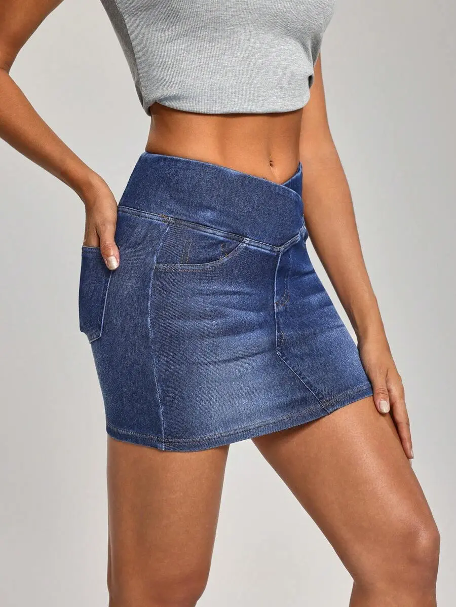 JEANDY Women's Ombre Crossover Waist Fitted Casual Denim Mini Skirt, Summer
