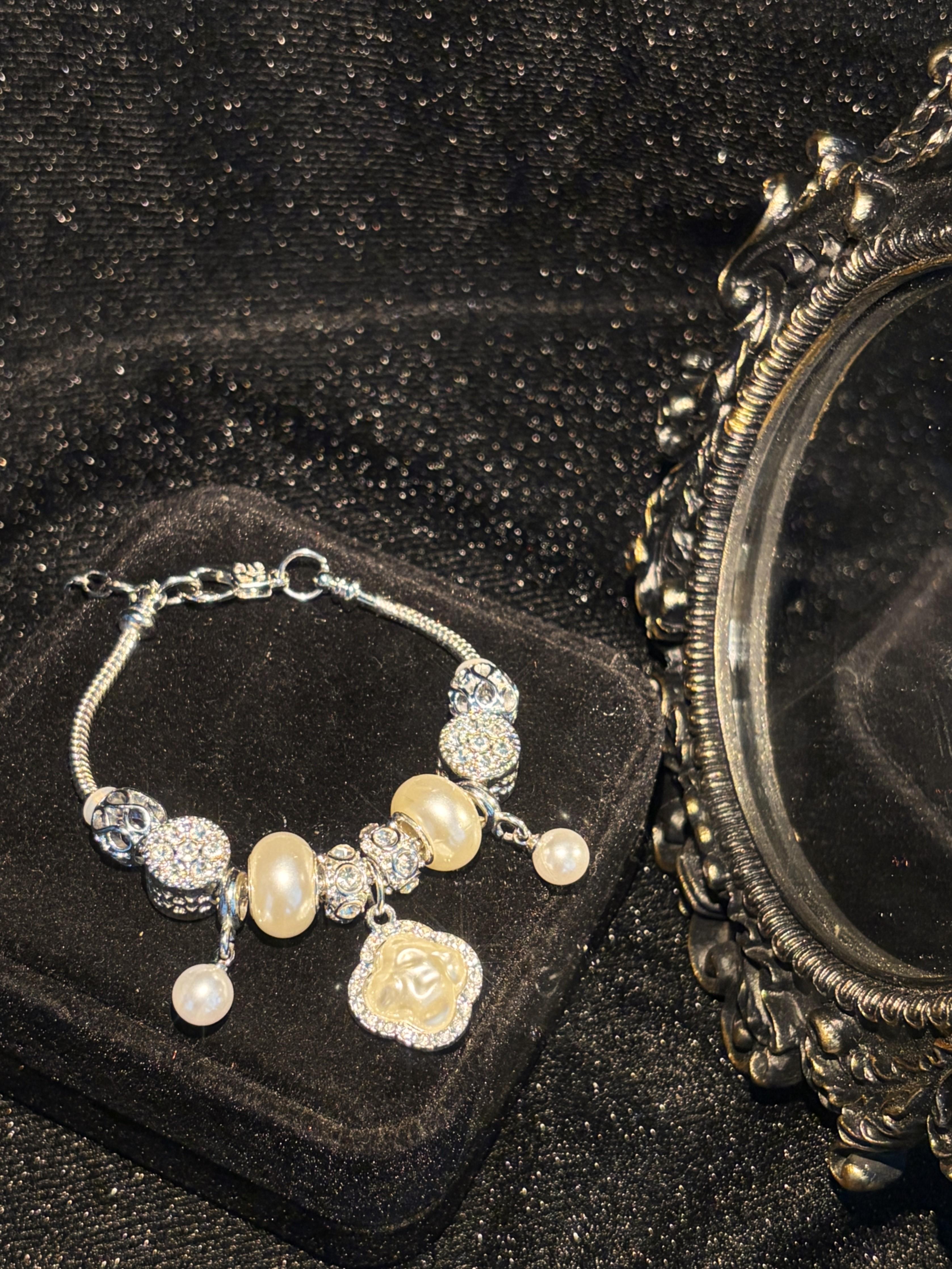 Silver-Tone Snake Chain Charm Bracelet - Clover Embossed Pendant, Pearl & Rhinestone Inlaid Stackable Costume Jewelry Gift for Women