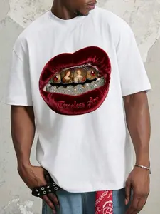 Men's Loose Fit Fashion Print T-Shirt, Shoulder Drop Design, Casual Daily Wear, Unisex Youth College Street Style, All Seasons, Streetwear, Menswear