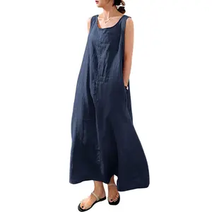 Chouyatou Women's Summer Sleeveless Pure Cotton Maxi Dress Casual Loose-Fit Tank-Style Beach Dress with Pockets