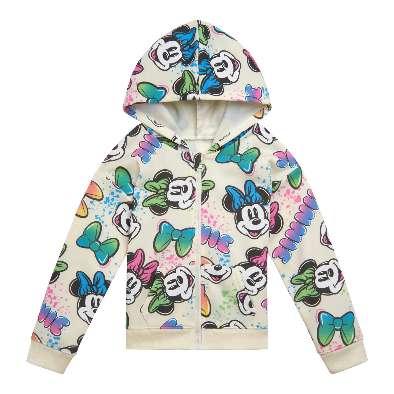 Disney Girls' Minnie Mouse Retro Allover Print Knit Zip-Up Hoodie, Long Sleeve Sweatshirt with Pockets, Toddler to Big Kid, Kids Style