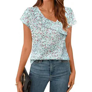 Womens Dressy Casual Blouses Asymmetrical V Neck Business Work Tops Ruffle Sleeve Summer Shirts mms women Long Deep Tie