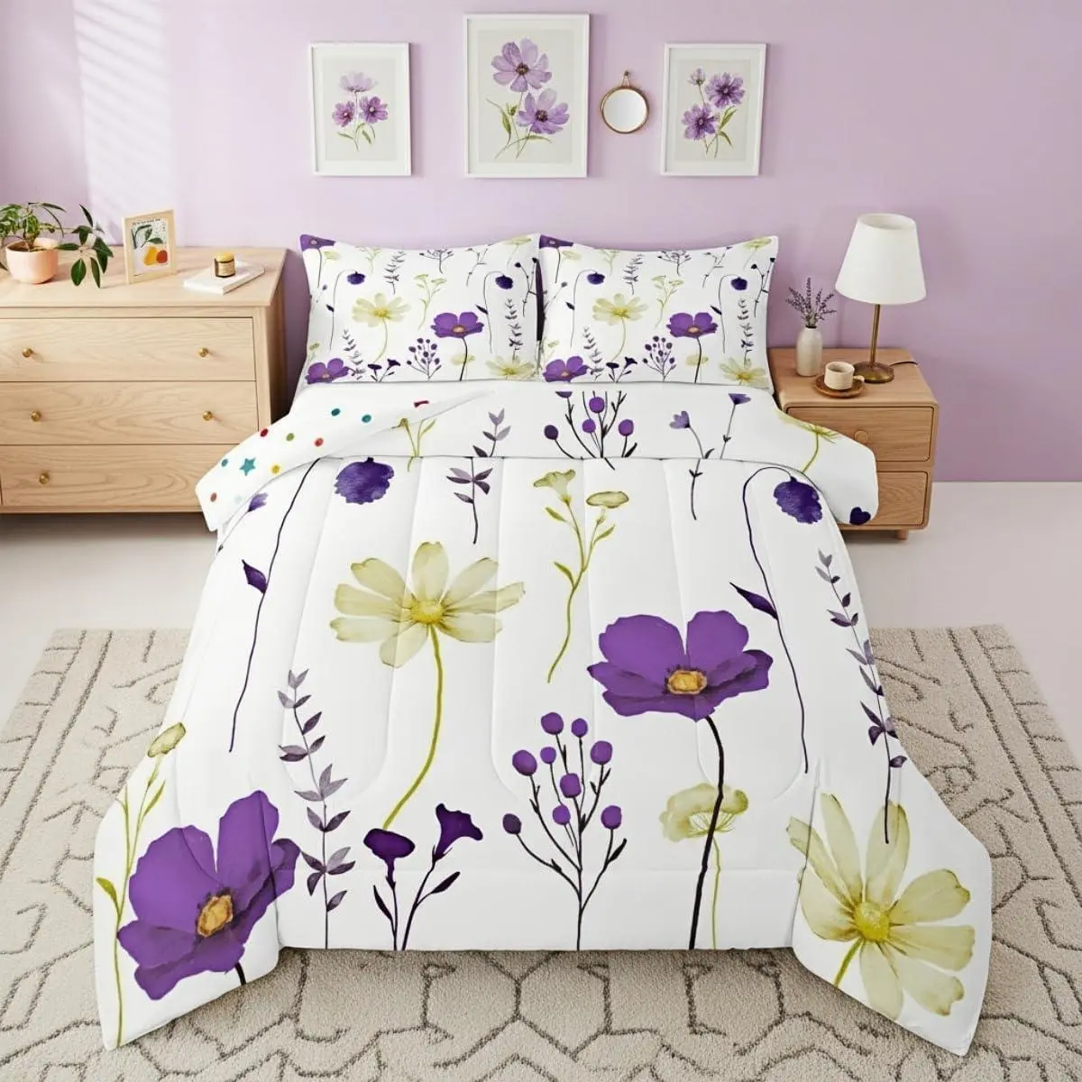 Watercolor Floral Comforter Set,Purple Yellow Flower Bedding Set Adult Women Bedroom,Modern Minimalist White Down Comforter Pastoral Branches Aesthetic Quilt