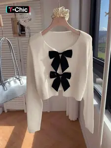 Women's Casual Cute Aesthetic Bow Fitted Knit Cardigan Long Sleeve Open Front Sweater Coat, Fall Winter Fashion Pullover for Ladies