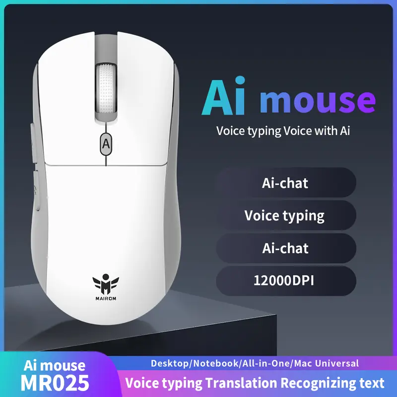 MR025 AI Lightweight Wireless Gaming Mouse,12000 DPI,Smart Voice Mouse,6 Programmable Buttons,Tri-Modes Connection,BT/Type-C Wired/2.4G Wireless Mouse Gaming with 2 Side Buttons, PC/Mac Computer and Laptop Compatible For Work Or Gamer,White/Black