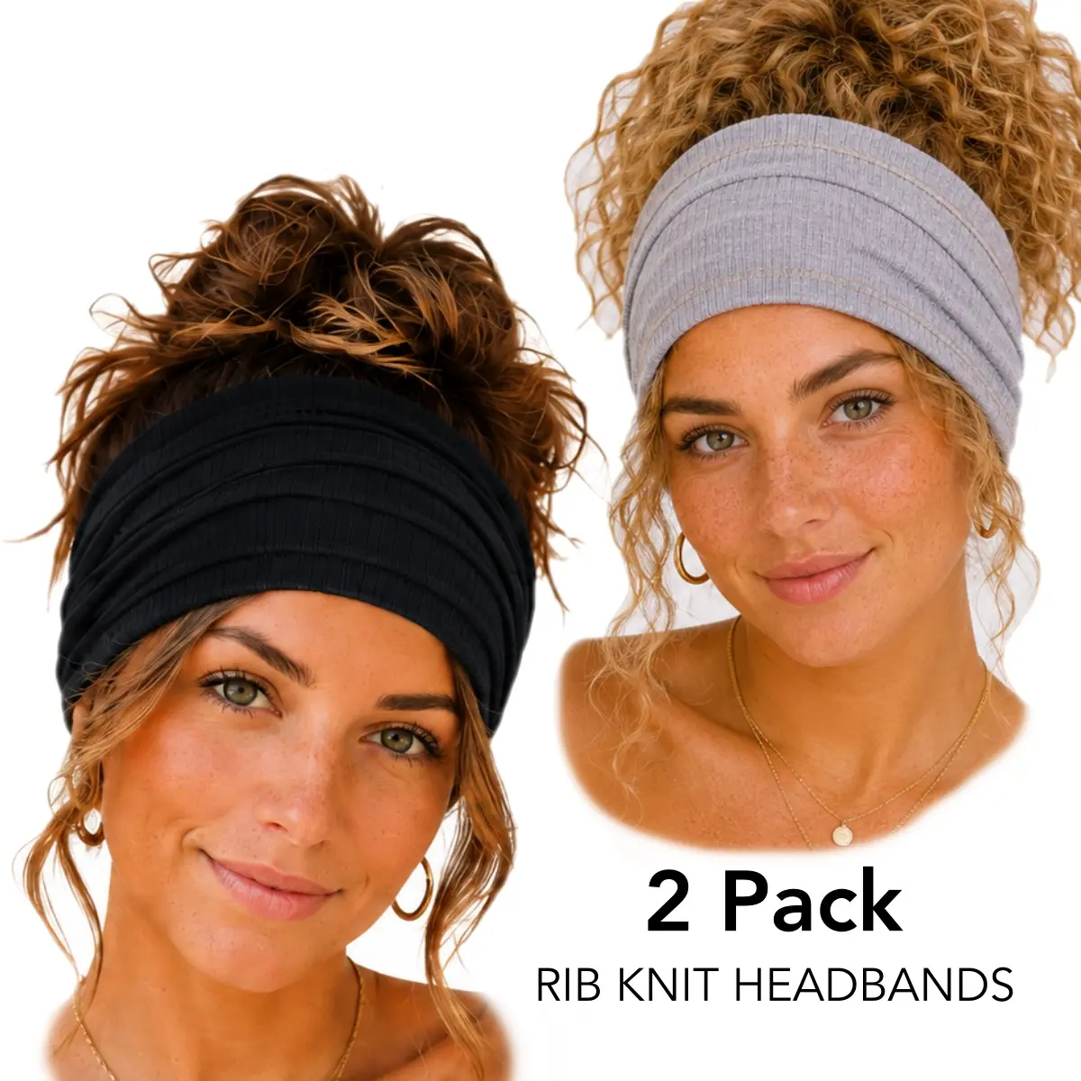 2 Pack Ribbed Knit Black & Gray Headbands for Women, Handmade USA, Wide Stretchy Hair Bands for Everyday Comfort, Black Gray