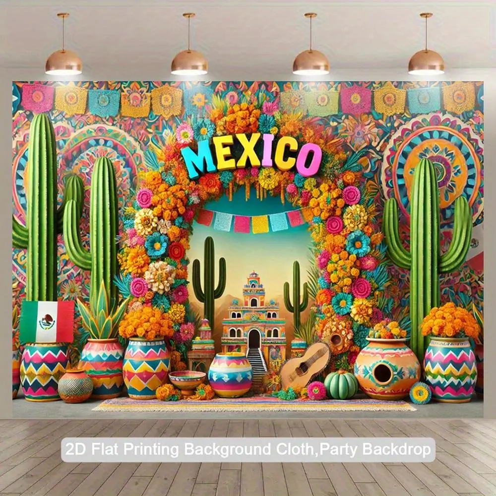 Mexican-Themed 2D Flat Vibrant Print Polyester Tapestry - 1pc Indoor Backdrops, Cacti/Papel Picado/Sombrero Design, Party Decoration Supplies for Studio Photography Props, Birthday Use - No Electricity Needed,summerwins