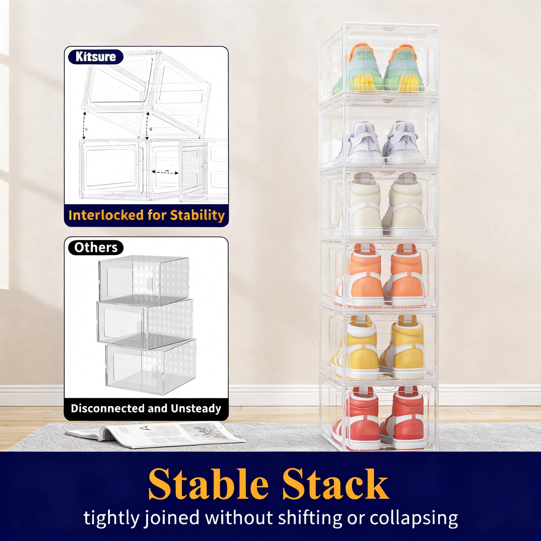 12 Pack Clear Black Shoe Storage Boxes, Stackable Plastic Shoe Organizer with Drop Front Door, Transparent Sneaker Storage Cases for Closet, Space Saving Shoe Containers for Men and Women, Foldable Shoe Box Organizer for Home