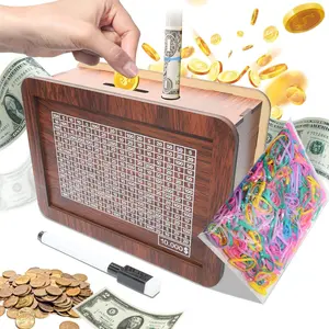 Wooden Money Boxes with Pen & 100 Rubber Bands, Money Saving Box, 6.8x5x2.5 Inch Reusable Cash Coin Bank, Writable & Erasable Surface for Tracking Savings Goals for Kids & Adults (10000)