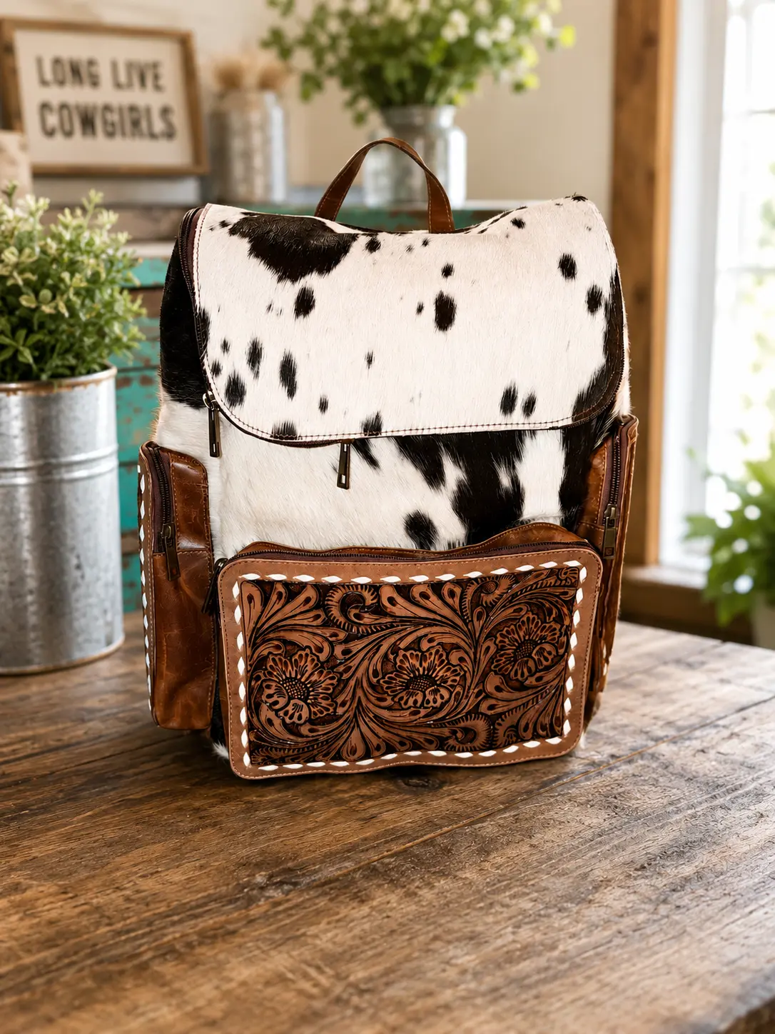 Dakota Dottie large cowhide and tooled leather backpack!