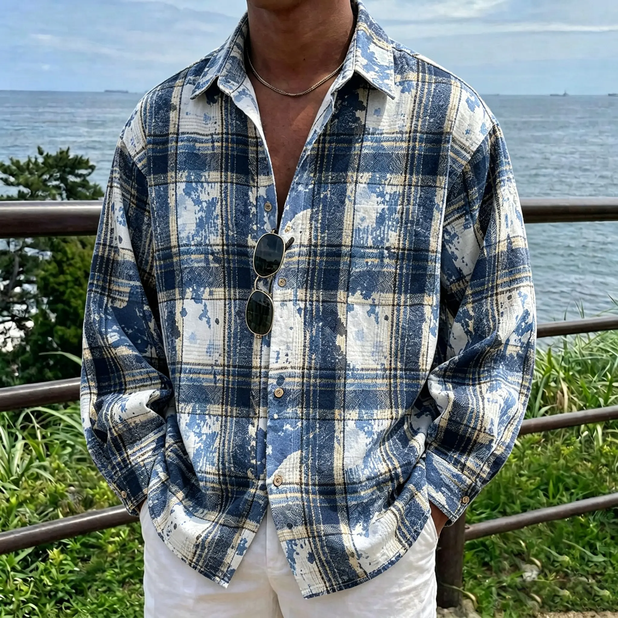 Men's Vintage Plaid Flannel Shirt, Stylish Oversized Long Sleeve Button-Down, Casual Distressed Streetwear Shacket with Chest Pocket, Menswear, Top, Full Sleeves, Casual Basics
