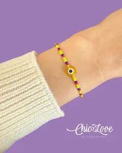 Tiny Colombian Bracelet with Glass Beads, Yellow Nylon Adjustable , Handmade Evil Eye Center Minimal