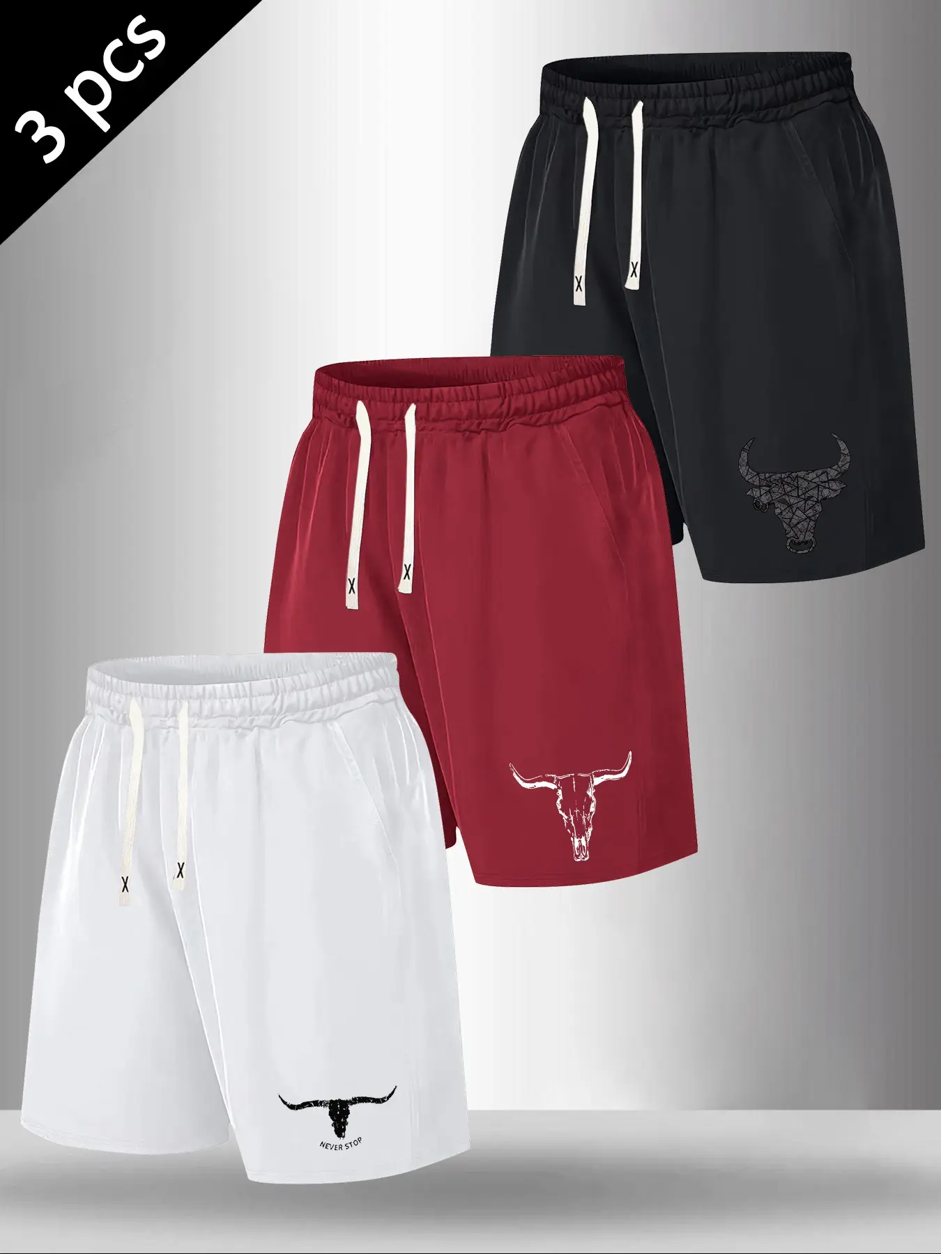 Men's 3-Pack Bull Skull Print Casual Sport Shorts, Summer Sportswear Shorts, Western Style Drawstring Summer Gym Shorts, Versatile Daily Active Wear Athletic Shorts #3PackShorts #BullSkullShorts #WesternStyleShorts #GymShorts #TikTokMadeMeBuyIt