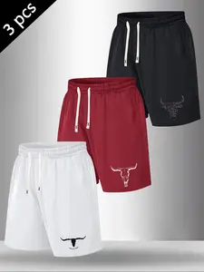 Men's 3-Pack Bull Skull Print Casual Sport Shorts, Western Style Drawstring Summer Gym Shorts, Versatile Daily Active Wear Athletic Shorts #3PackShorts #BullSkullShorts #WesternStyleShorts #GymShorts #TikTokMadeMeBuyIt