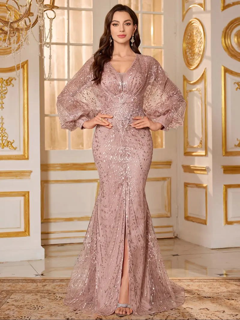 green emerald velvet dress Long-Sleeve Beaded Long Formal Dress main image 0