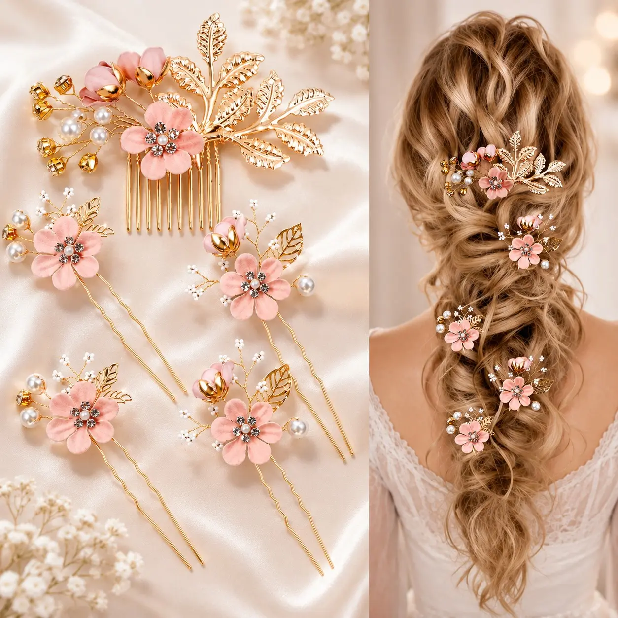 Gold Pearl Bridal Hair Accessories with Pearl Accents and Floral Motifs for Women, Handmade Wedding Hair Pins and Hair Comb, Elegant Updo Hair Jewelry for Bride Party Prom