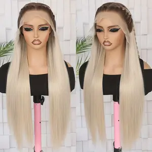 Brown Root Ombre Platinum Blonde Highlight Long Straight Synthetic Lace Front Wig Pre Plucked Hairline HD Transparent Lace Heat Resistant Wigs For Women