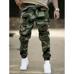 Men's Regular Fit Camo Print Patched Drawstring Cargo Pants, Casual Pocket Elastic Waist Trousers for Daily Wear, Pants for Men, Fall Clothes, Casual Men's Bottoms for All Seasons
