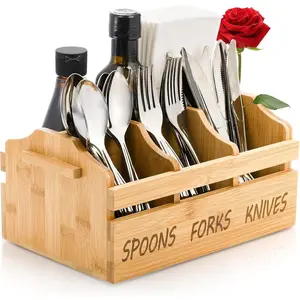 Silverware Holder Caddy, 4 Compartments Wooden Utensil Holder Flatware with Handle, Bamboo Cutlery Holder Organizer Containers for Party, Kitchen Countertop, Forks, Spoons, Knives, Napkins
