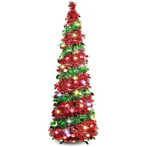 5 FT Collapsible Sequin Pop Up Christmas Tree with 90 LED Lights, Skinny Pencil Tinsel Xmas Tree with Stand for Apartments