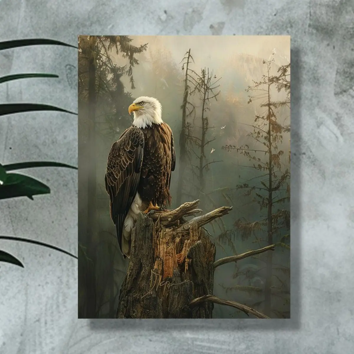 Majestic Bald Eagle Perched on an Old Tree Stump Canvas Painting, Art and Crafts, Unframed, Polyester Fiber, 2D Decor Poster Ornaments Wall