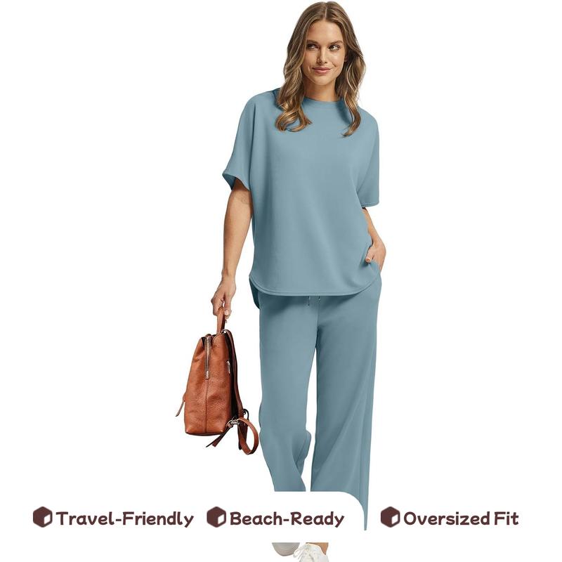OFEEFAN Two Piece Sets for Women Summer Outfits Oversized Wide Leg Crop Pants Lounge Sets Airport Beach Vacation Clothes |(Size Up 1-2 for Oversized Look) Casual Shortsleeve