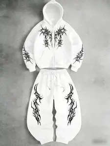 Dark Thorn Totem Zip Hoodie Set, Spring Casual Fitted Sweatshirt & Pants, Trendy Unisex Clothing