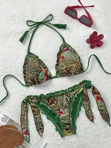 SHISUINA Retro Colorful Leopard Zebra Floral Print Frill Halter Tie Tassel Decor Beach Bikini Set For Women