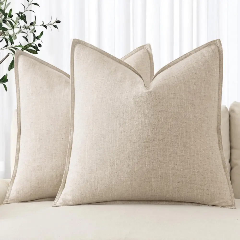 2-Pack 70% Ramie Linen Square Euro Sham Pillow Covers (24x24 in, Natural Beige) - Boho Farmhouse Neutral Accent Cases, Home Supplies for Bed & Sofa