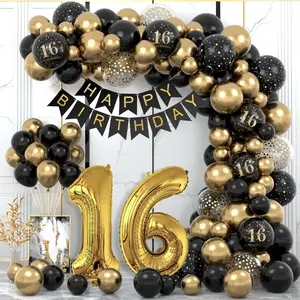 16Th Birthday Decoration, Birthday Decoration 16Th Boy Girl Black Golden Balloons Decoration with Happy Birthday Banner, Balloon 16, Decoration 16. Birthday for Woman Man Balloon Garland Party Decoration, Halloween Decorations, Christmas Decorations