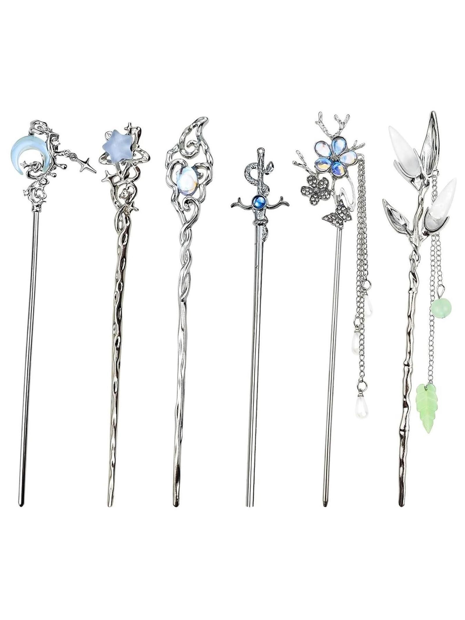 6PCS Star & Moon Hair Sticks for Buns, Vintage Silver Metal Hair Chopsticks, Elegant Updo Holders for Long Hair, Chinese Hanfu & Asian Hairpins for Women & Girls