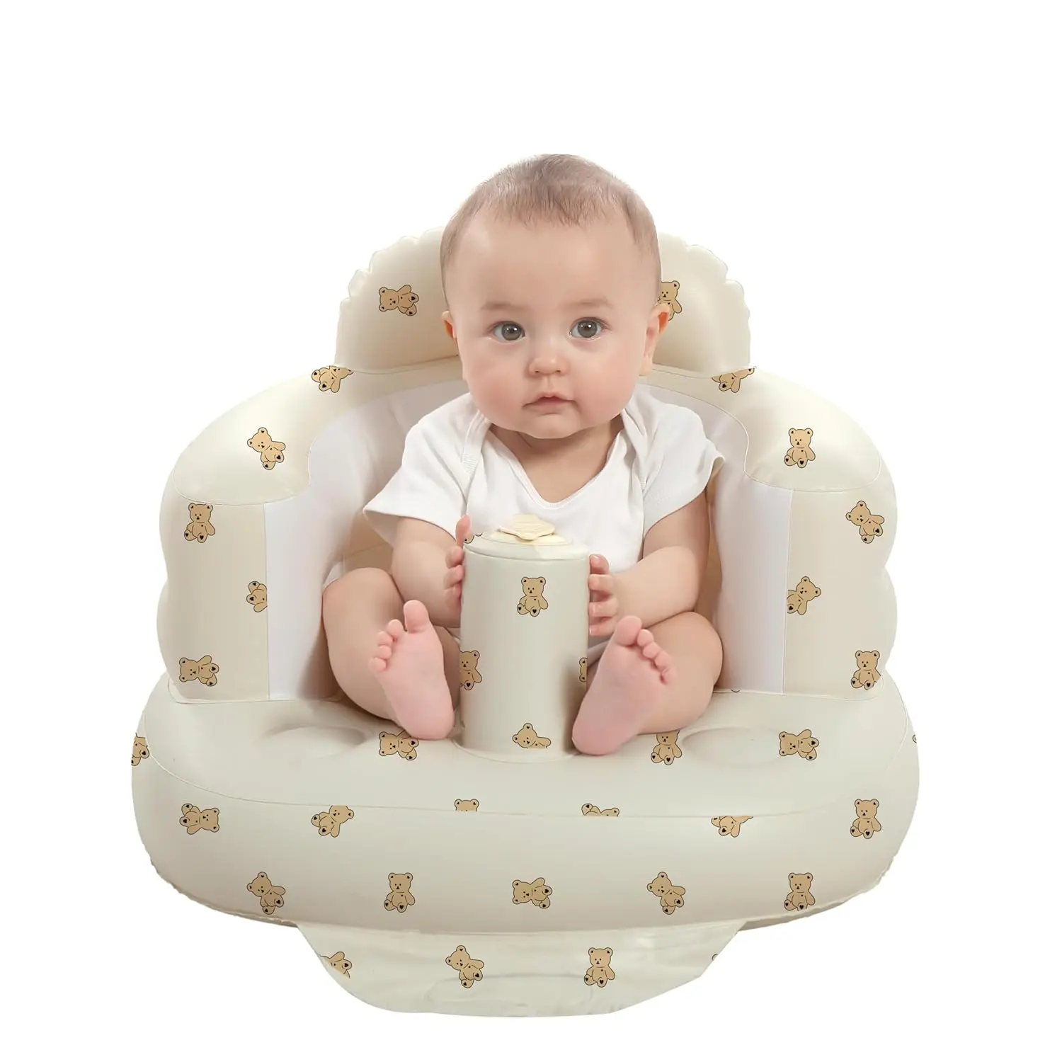 Upgrade Inflatable Baby Seat with Tray for Babies 3-36 Months, Built in Air Pump Bumbo Seat with Tray, Baby Chair Sit Me up Floor Seat for Baby, Learning to Sit&Feeding (Pillar-Bear Cub)