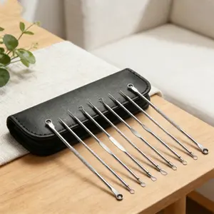 1 Set 9-Piece Stainless Steel Blackhead & Acne Removal Kit, Professional Comedone Extractor Tools with Leather Case, Safe Pimple Needles for Facial Blemish & Whitehead Treatment, Ideal for Teens & Adults Home Skincare