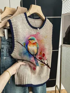 Women's Casual Loose-Fitting Round Neck Sleeveless Knit Top, Ombre Color Bird Print, Knitwear, Fall & Winter Fashion, Perfect for Outdoor Wear, Womenswear