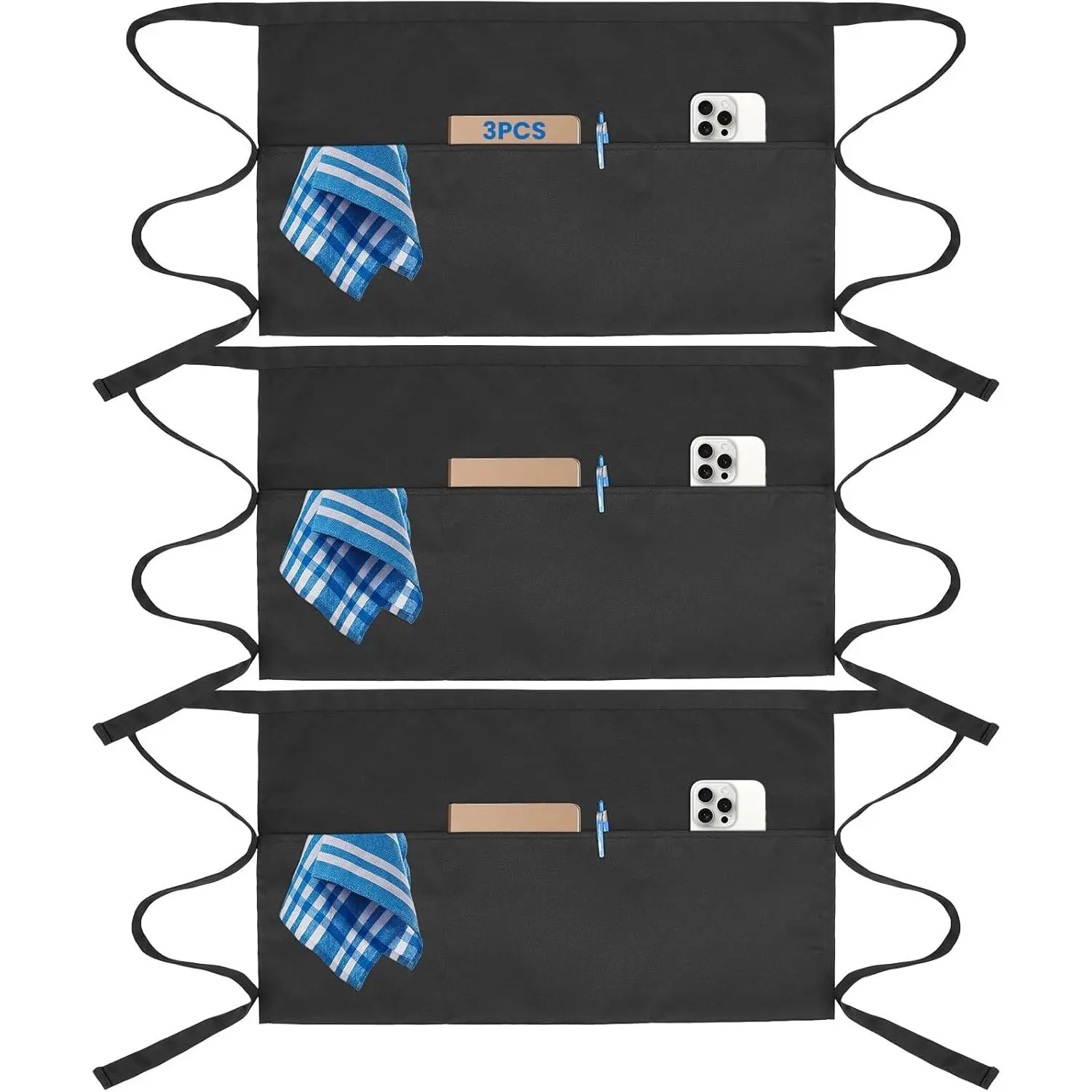 3 count Server Apron with 3 Pockets, aprons for women with pockets,  apron with waitress apron, aprons for men black apron